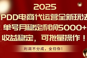 2025PDD电商代运营全新玩法,单号月稳定利润5000+,收益稳定,可批量操作