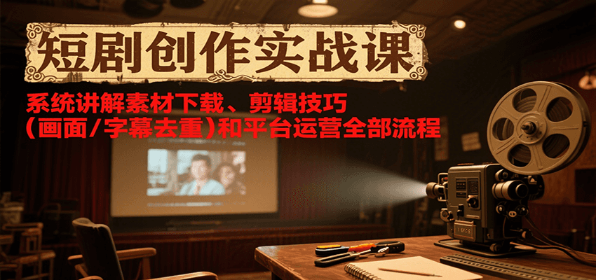 短剧创作实战课,系统讲解素材下载、剪辑技巧(画面/字幕去重)和平台运营全部流程