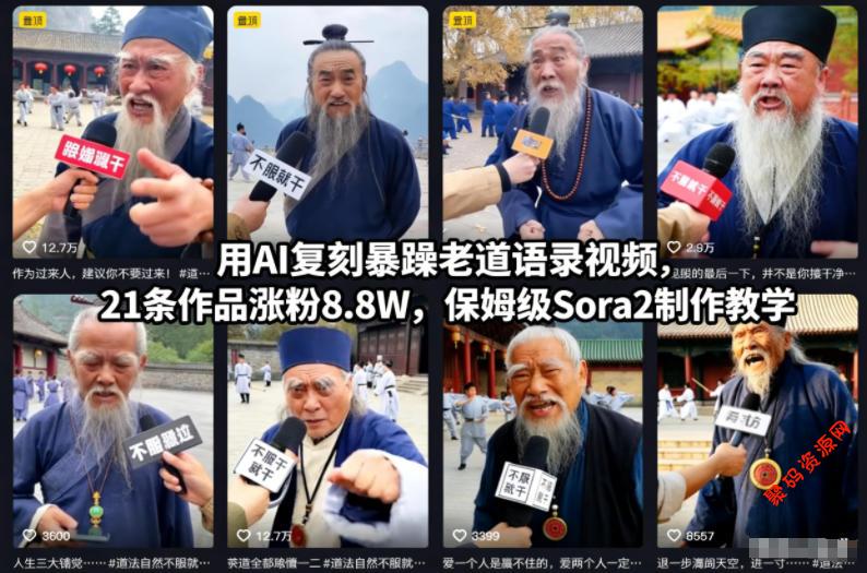 用AI复刻暴躁老道语录视频,21条作品涨粉8.8W,保姆级Sora2制作教学