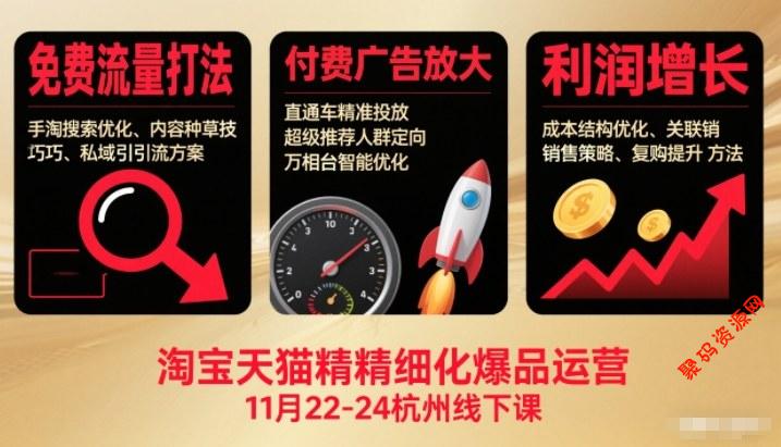 淘宝天猫精细化爆品运营11月22-24杭州线下课,免费流量打法+付费广告放大+利润增长(音频+文档)